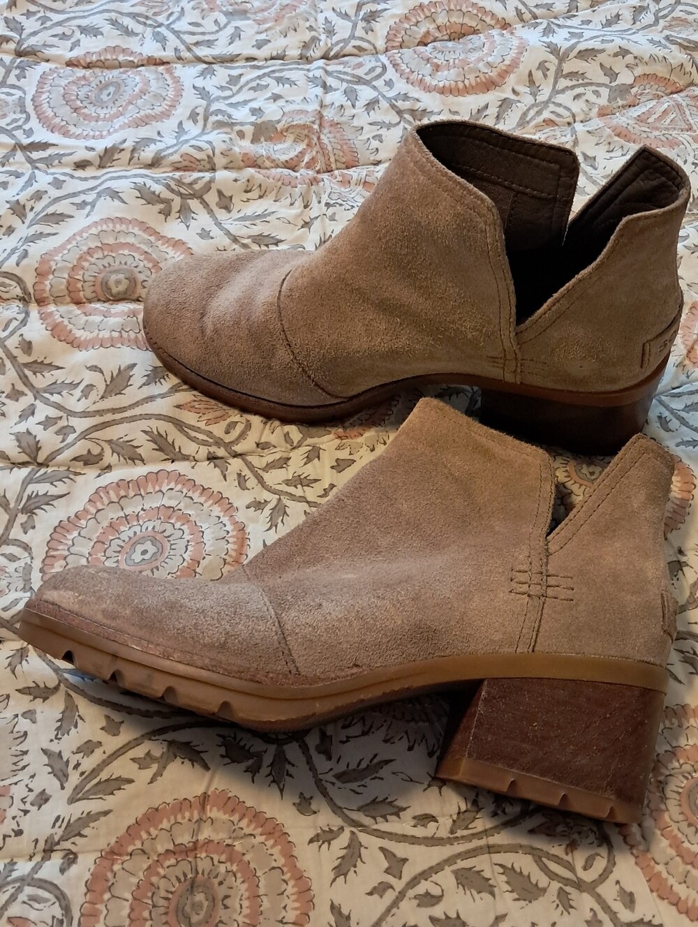 Sorel Cate Taupe Suede Ankle Booties - Low Block Heel